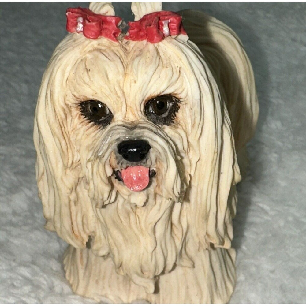 Sandicast Blonde Maltese Dog Glass Eyes Miniature Figurine Signed W.U. 98 VTG